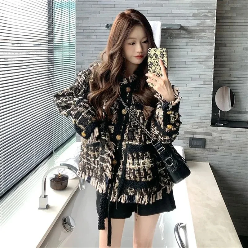 Black Gold Braided Tassel Wool Small Incense Wind Short Coat Female 2023 Spring Autumn New Girl Small Incense Wind Top Female X5