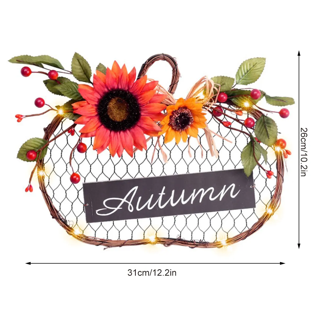 Artificial Sunflower Wreath Front Door Wreath Decor Autumn Wreaths with LED Light Wooden Hanging Sign Rustic Porch Wall Decor