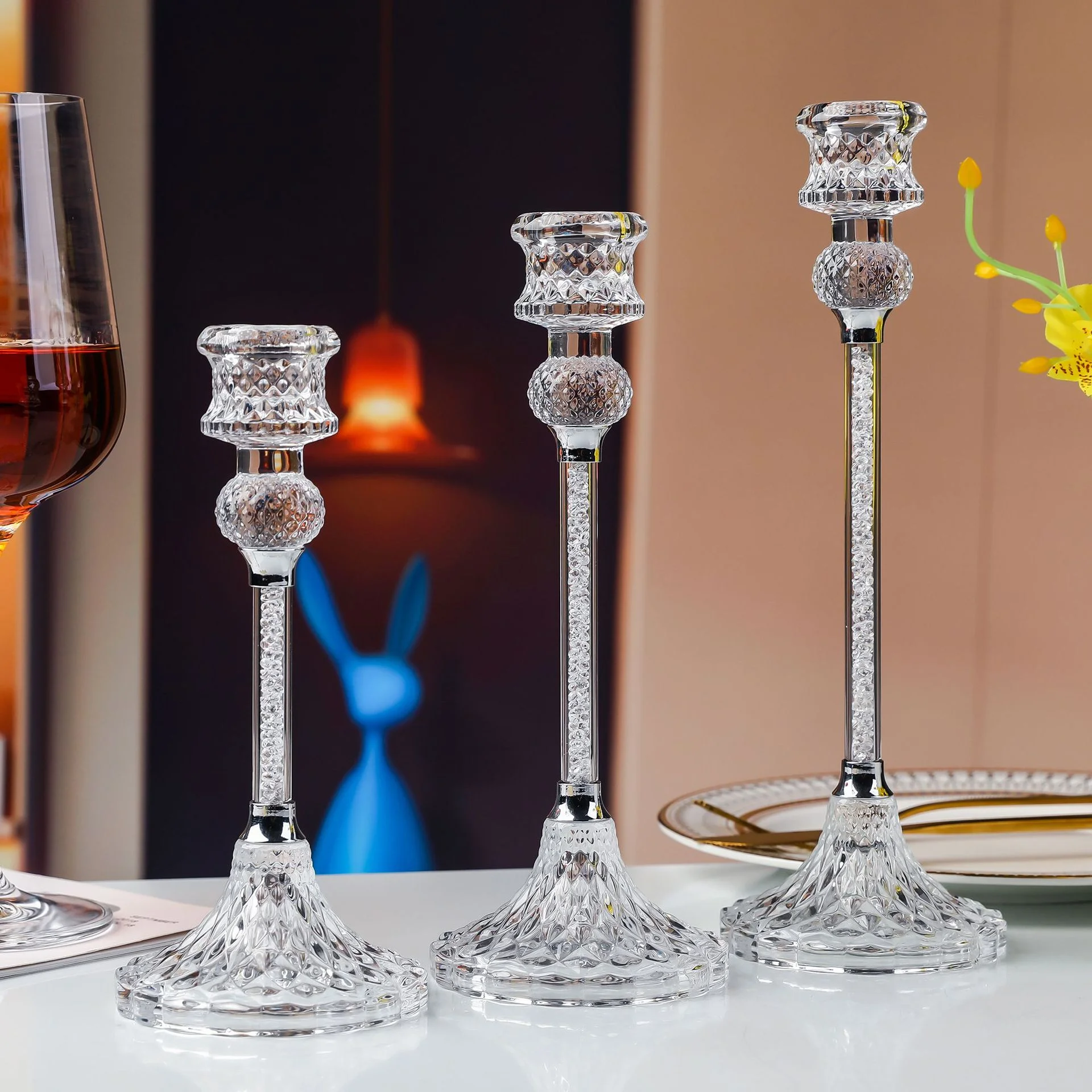 Glass Metal Crystal Crushed Diamond Candle Holder Three-Piece Set Home Decoration Creative Wedding Crafts Ornaments