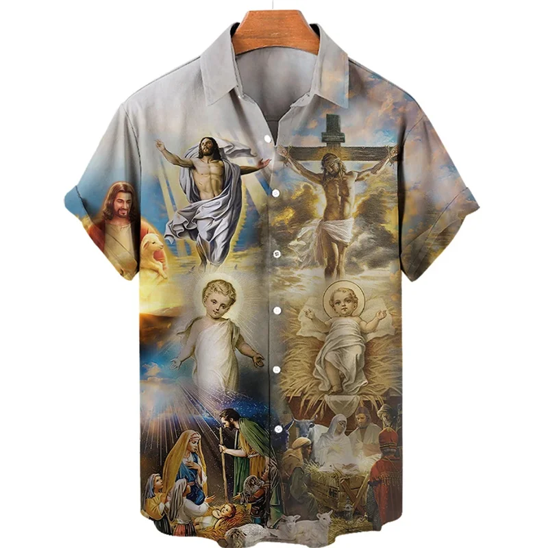 

3D Print God Jesus Shirt For Men Crucified Religion Harajuku Casual Short Sleeves Oversived Top Clothes Tropical Hawaiian Shirts