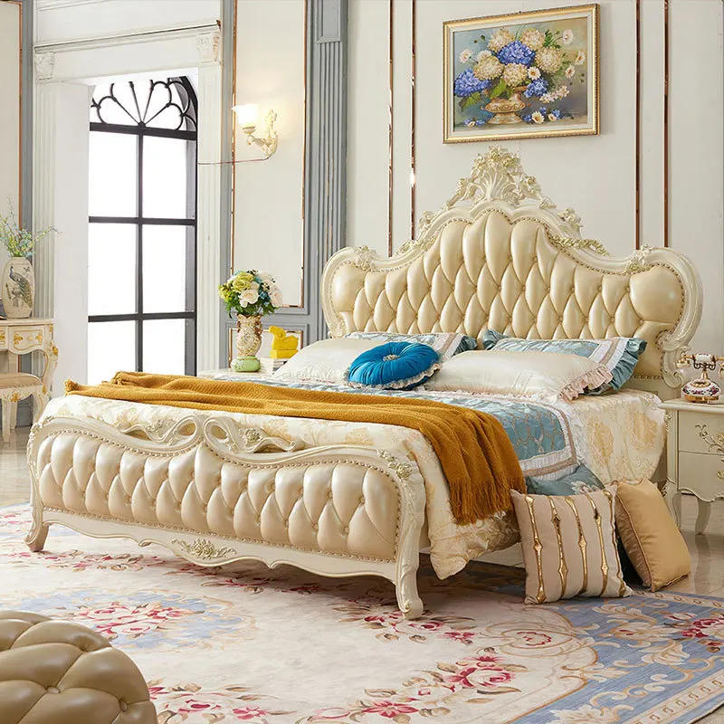 European-style Oak Master Bedroom Double Bed Villa-inspired 18-meter Solid Wood Embroidery Carved Leather High Box Custom-made