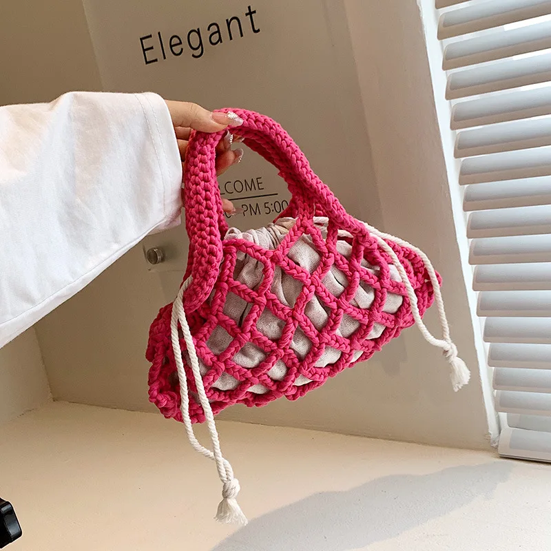 Handgemaakte Holle Geweven Tassen Voor Vrouw Touw Gehaakte Handtassen Mini Breien Strandtas Bohemian Mesh Clutch Visnet 2024