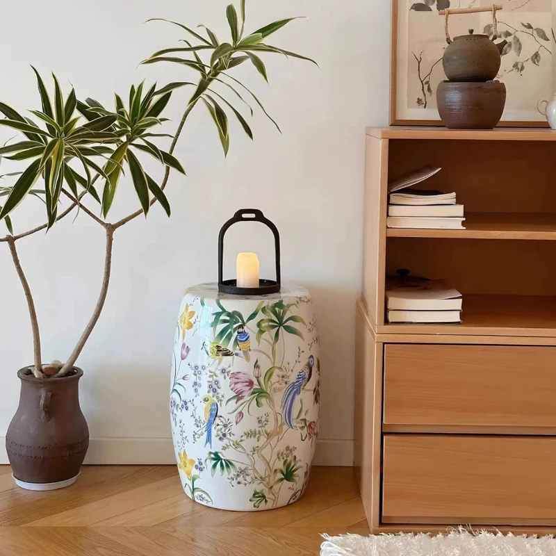 

New Chinese Ceramic Drum Stool, Flower Bird Patterned Pottery Seat, Living Room Corner Side Table, Vanity Shoe Bench Plant Stand