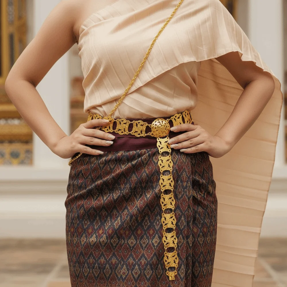 

Traditional Silver Ethnic Style Belt Traditional Tassel Metal Waist Chain Hollow Out Thailand Gold Belt Women