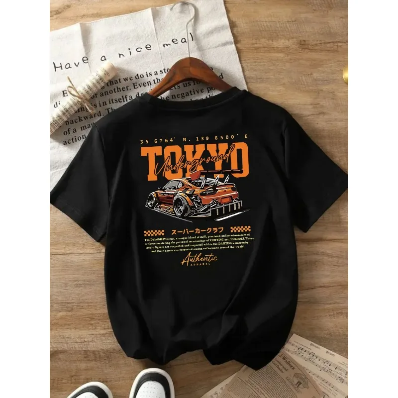 Tokyo Underground Racing Club Y2K Band Print Women's Casual Short Sleeve T-Shirt - Front and Back Printed, Loose Round Neck