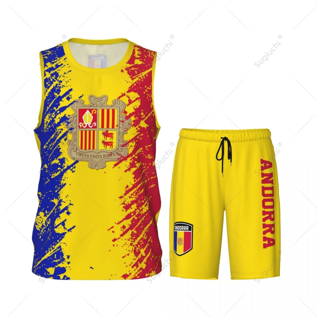 Andorra Flag Grain Men Basketball Set Shirt & Pants Sleeveless