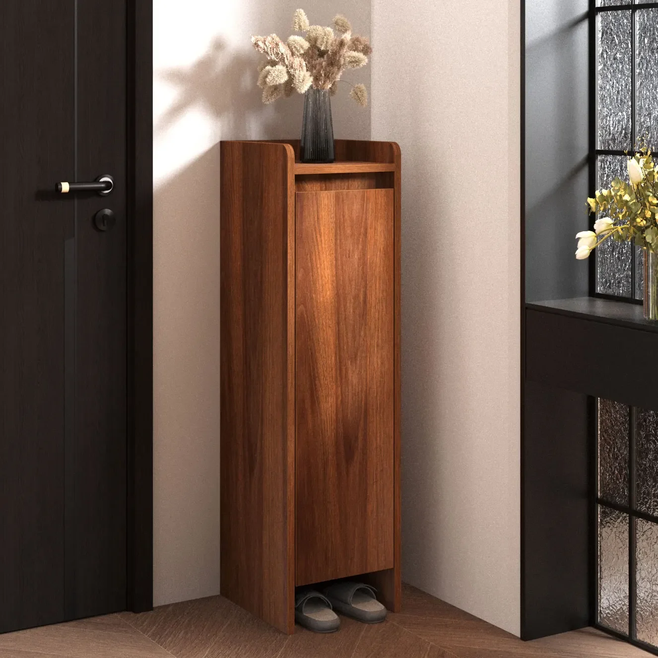 

Walnut small shoe cabinet corridor entry ultra-narrow single door small size shoe rack household entrance cabinet large capacity