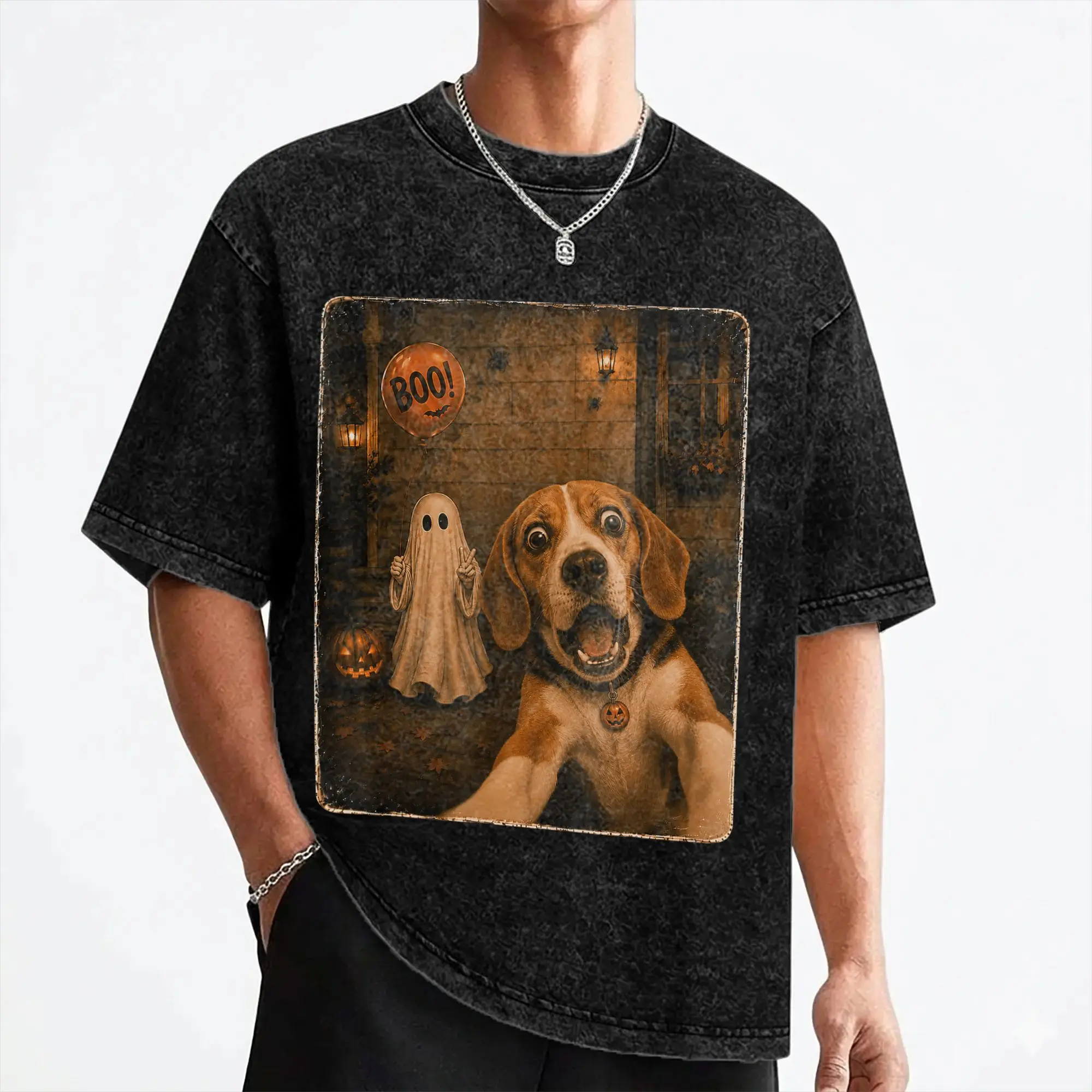Beagle Dog Ghost Selfie Boo Balloon Halloween Costume Washed T Shirt Streetwear Hip Hop Vintage T-Shirts Tees for Men Harajuku