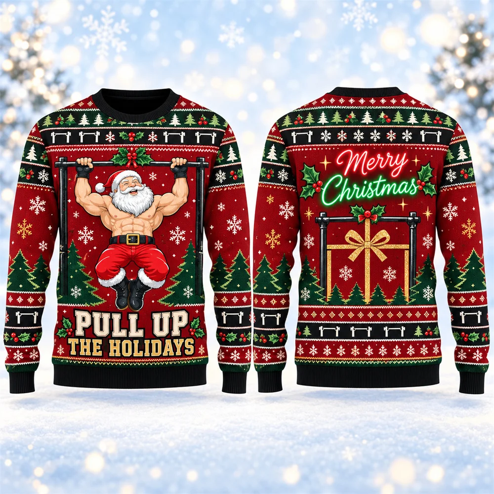 Fitness Theme Funny Christmas Ugly Sweater For Men 3D Print Humour Santa Claus Fitness Training Design Pullover Sweatshirt Gift