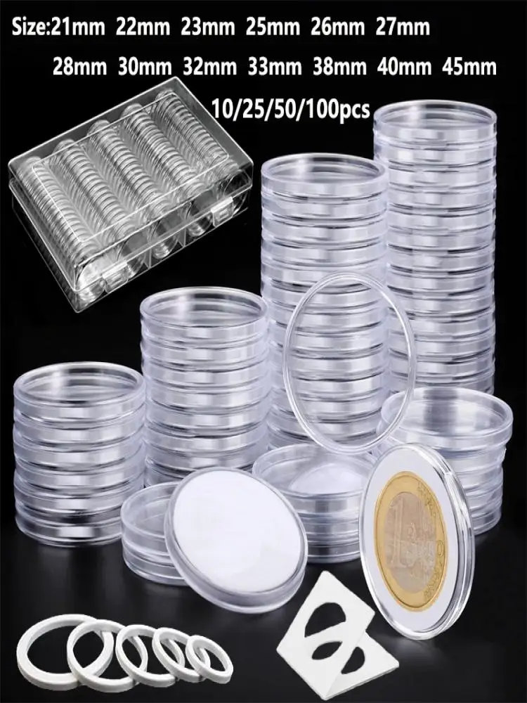 10-100 pièces 21/23/25--45mm Coining Capsules boîte de rangement en plastique transparent Coining Cas supports protecteur Coining Capsules stockage