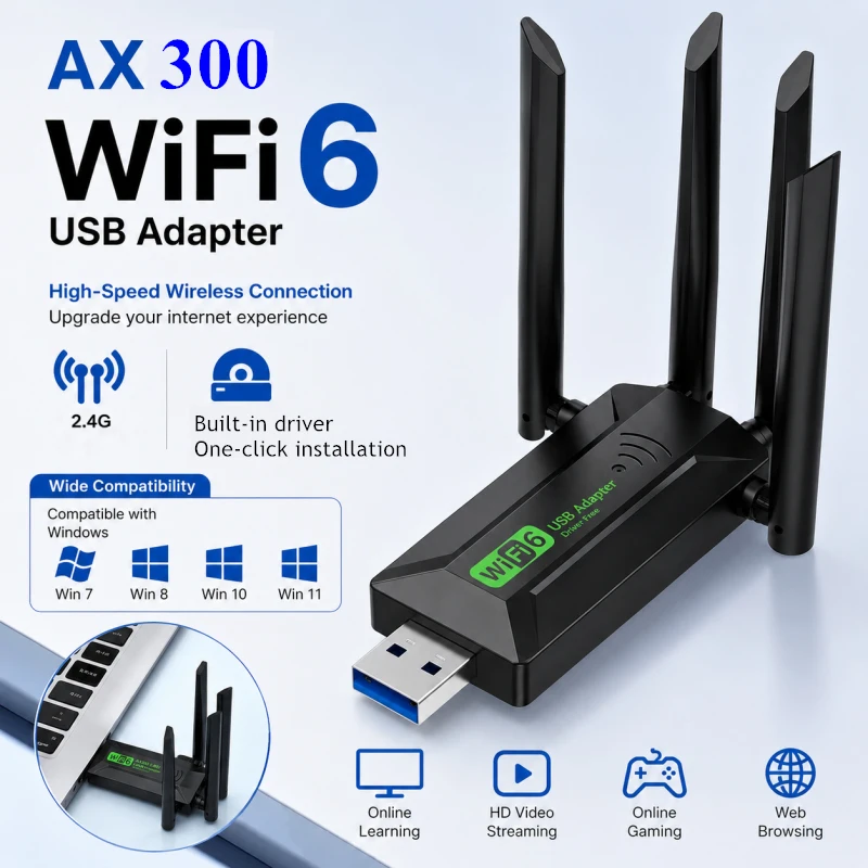 USB WiFi Adapter, 2.4G 4 Antenna Wireless Network, Built-in Driver, One-click Installation, WiFi Receiver For Winds 10/11