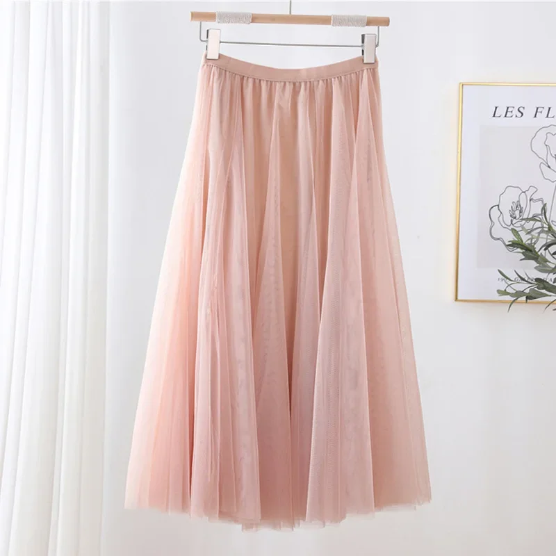 Hot Women Mesh Elastic Tutu Skirt Beach Spring Summer Korean High Waist Fashion Pleated Long Skirt Black White Tulle Skirts