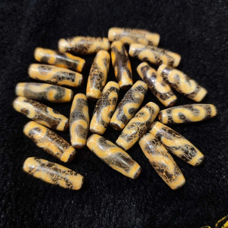 Tibet Money Hook Ruyi Totems 9*30mm Dark Yellow Dragon Pattern Old Agate DZI Beads Men&Women Jewelry Bracelet Necklace DIY