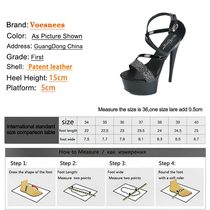 2023 New 15CM Platform High Heels Fashion Women\'s Sequin Sandals Sexy Ankle Strap Party Dress Shoes Summer Black Stilettos Pumps