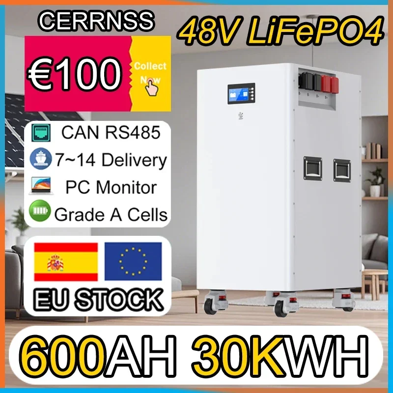 Batteria al litio LiFePO4 48V 600AH 30KW 51.2V 100AH 300AH con 16S 200A Smart BMS 10000+ ciclo per inverter Stock UE