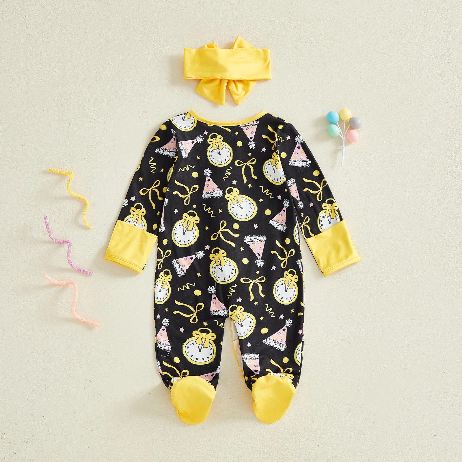 طفل الفتيات جديد السروال القصير الزي طويلة الأكمام ساعة طباعة الرتوش مضغوط القدم بذلة عقال ملابس السنة الجديدة الأولى