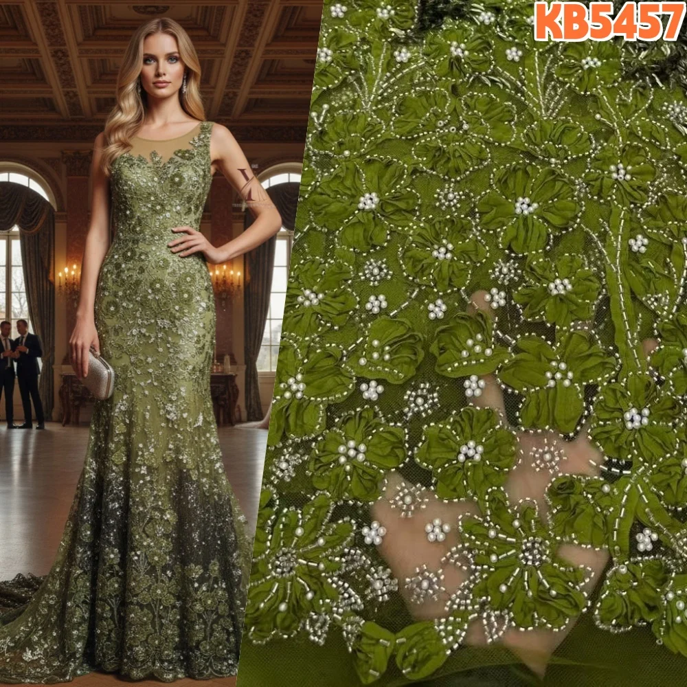 

3D кружевная ткань с цветочным узором, роскошная африканская ткань, 5 ярдов, мягкая французская сетка с пайетками для пошива свадебных и праздничных платьев KB5457
