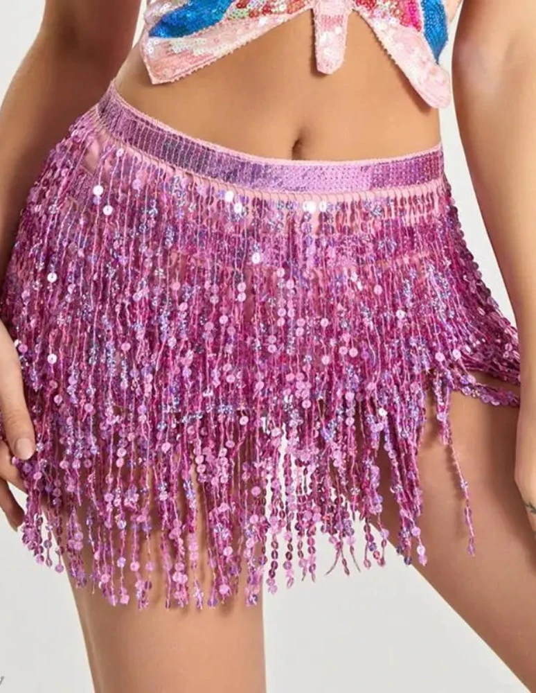 Damen Pailletten-Quasten-Bauchtanzrock Glänzende Perlen Taillenkette Saumrock Bohemian Taillenrock Gürtel – Detail 13