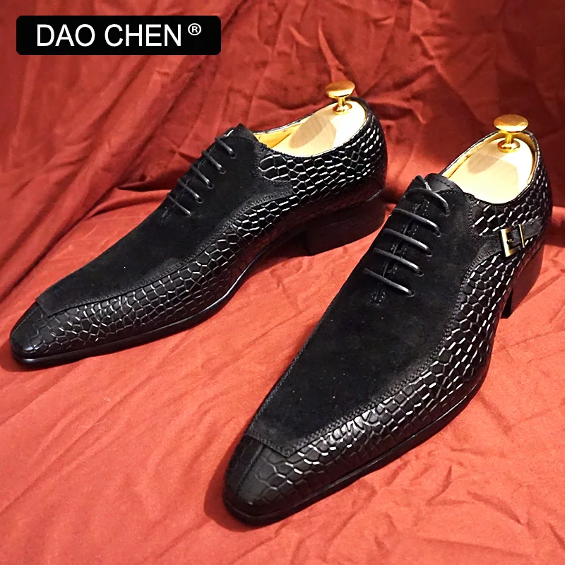 LUXURY MEN OXFORD SHOES LACE UP POINTED BLACK MACARON MEN DRESS SHOES SUEDE PATCHWORK CROCODILE PRINTS LEATHER SHOES MEN