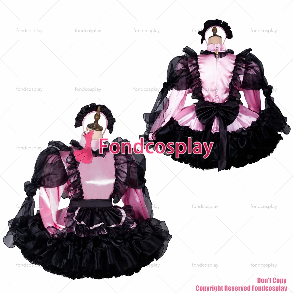 

fondcosplay adult sexy cross dressing sissy maid baby pink satin dress lockable Uniform black apron costume CD/TV[G2415]