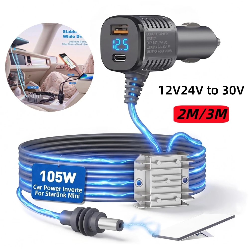 For Starlink Mini Car Cigarette Lighter Adapter 12V24V to 30V Power Converter Boost Voltage Car Accessory with Digital Display
