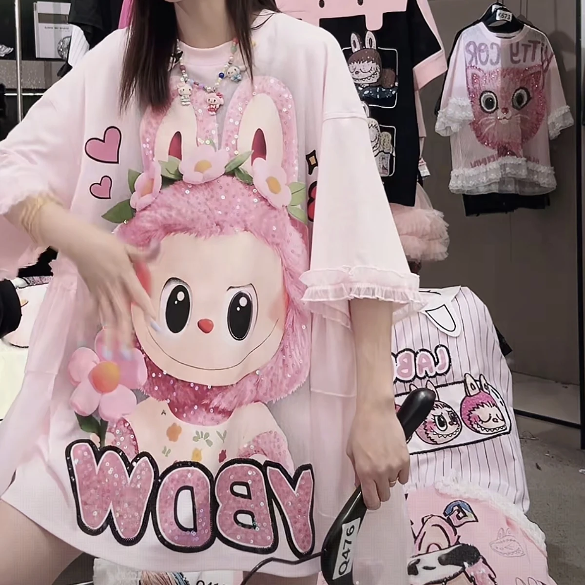 2025 nueva camiseta de manga corta de princesa rosa de verano con lentejuelas y estampado de dibujos animados, camisetas de longitud media, vestido elegante de malla, Tops de algodón de hadas