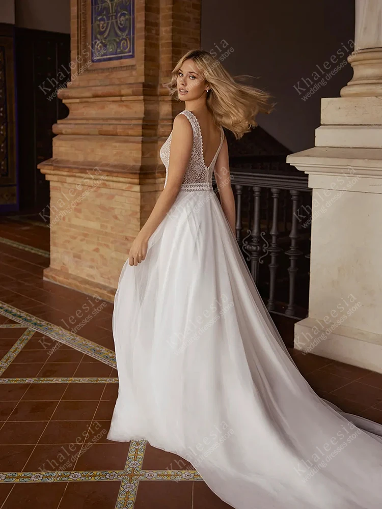 Vestidos de casamento vintage uma linha tule em camadas vestidos de noiva rendas apliques sem mangas sem costas vestidos de novia personalizado 2025