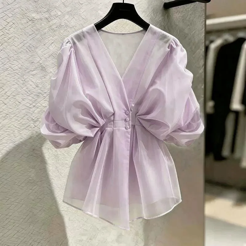 Blue Purple Tshirt Blouse Women High End Beading Waist Cinched Top 2026 Summer Autumn New Bubble Sleeves Elegant T-shirt Female