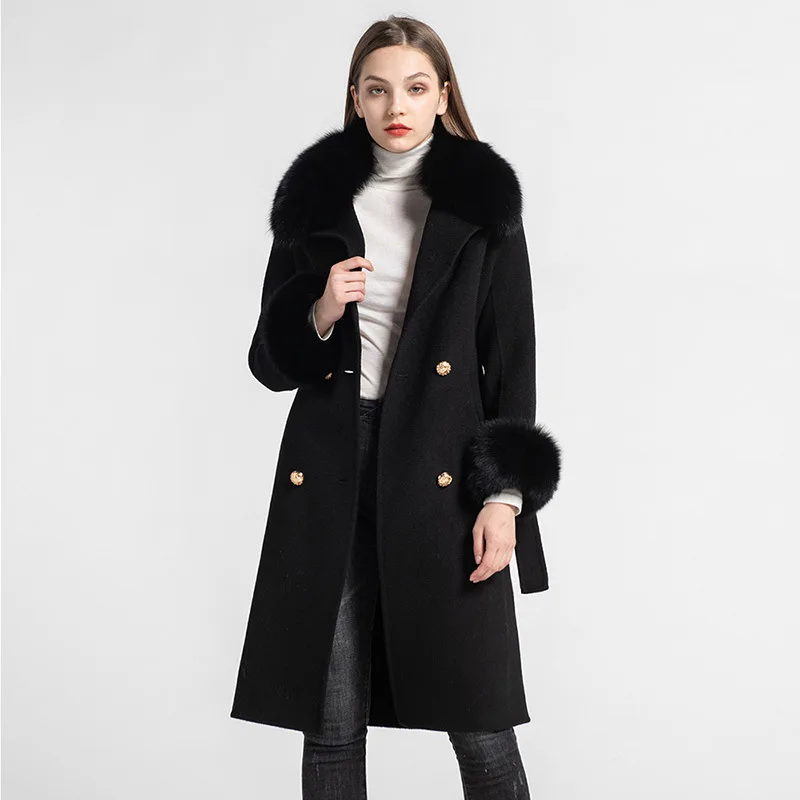 2024 Luxury Real Wool Coats Fashion Fur Jacket Natural Fox Fur Collar With Belt Winter Warm Cashmere Outerwear