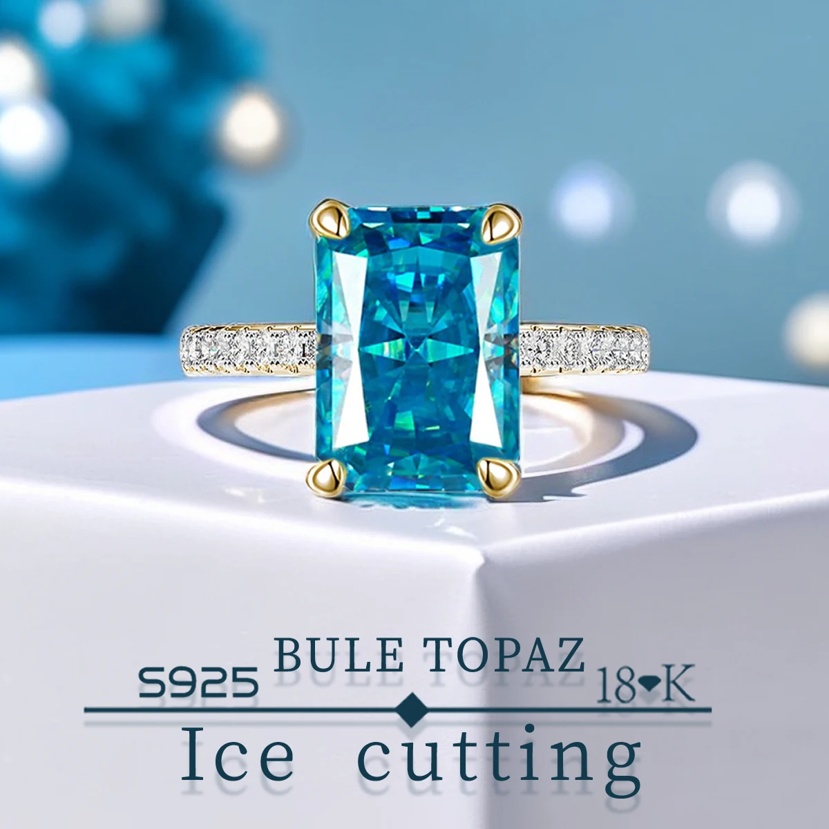 

S925 sterling silver Rectangular Topaz blue Zircon High-carbon diamond Good quality Ice Cut rings for women Fine jewelry