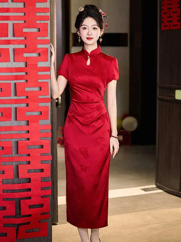 

Ele Red Dr New Chinese Sle Summer Stand Collar Wedding Banquet Toasting Costume ort Sve High Waist