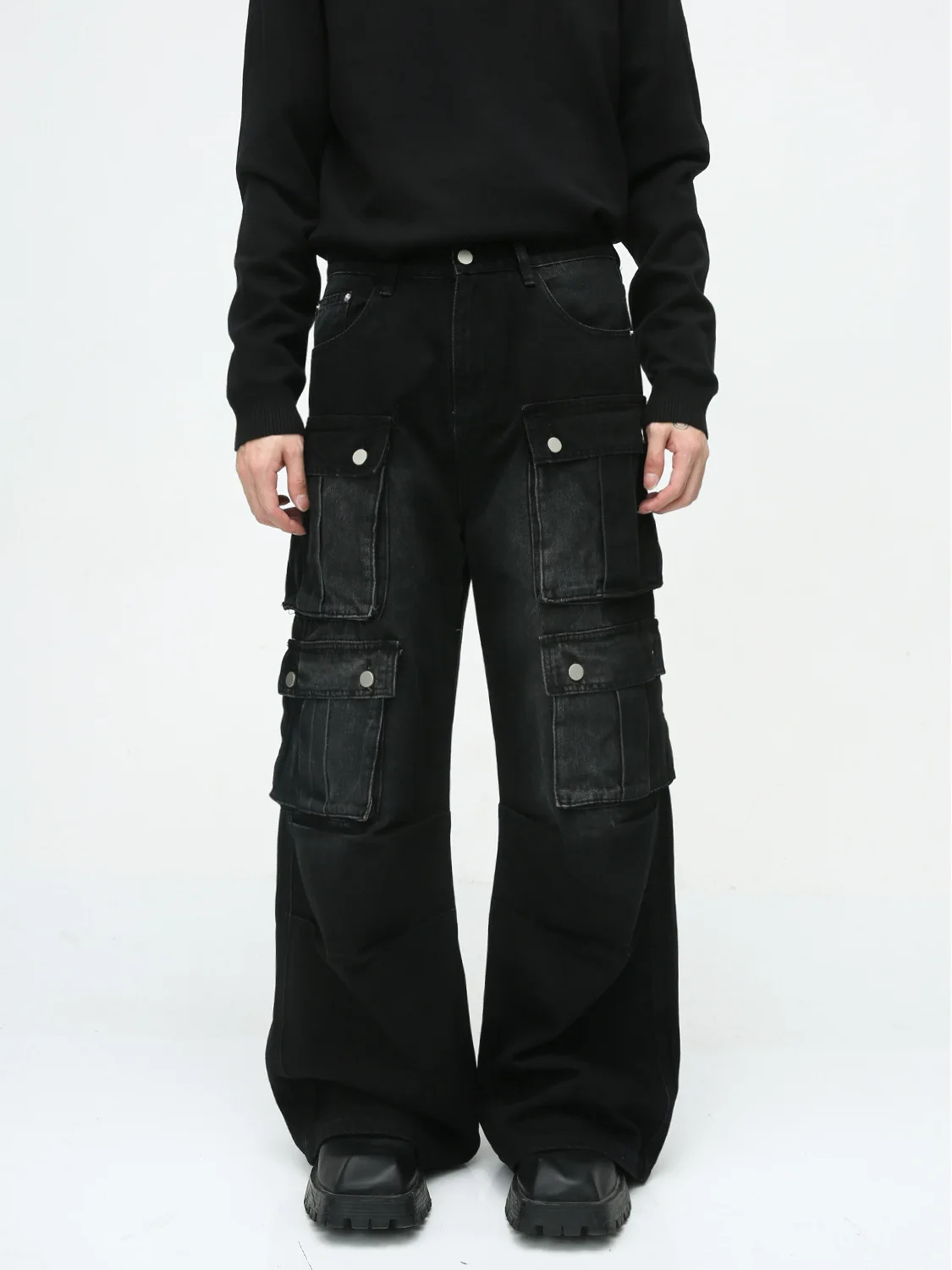 New Autumnal Vintage Multi-ket Design Workwear Wide-Leg Jeans for Men Visual Subculture Faion Small  Jeans