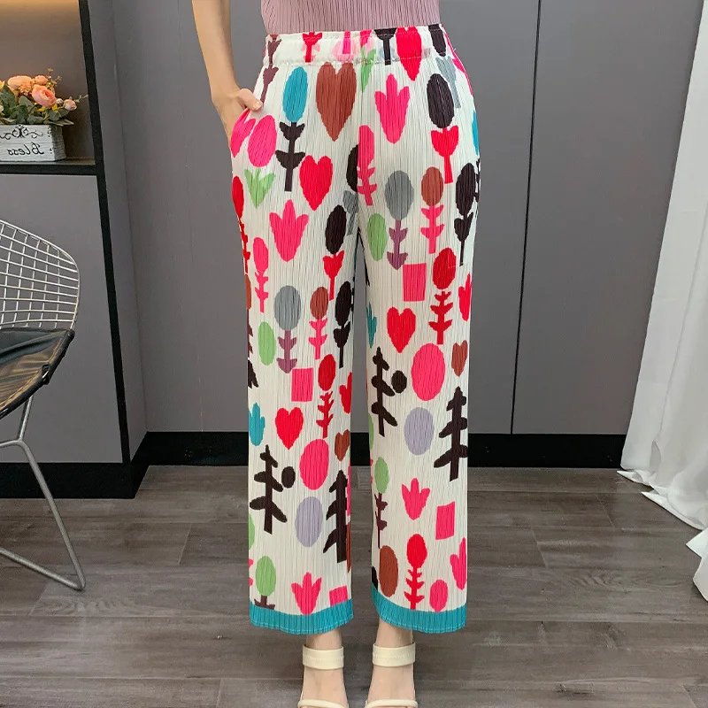

Fashion Casual Versatile Printed Trousers 2025 Summer New Miyake Pleated Women's Wide-legged Pants Pleated Straight Loose