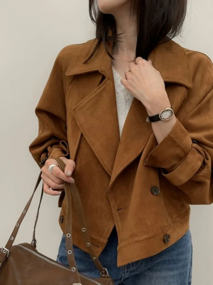 

Замшевое пальто в стиле ретро, осень-зима, женское двубортное ветровка Ele, Jaet, прямой крой, длинное све, чистый цвет