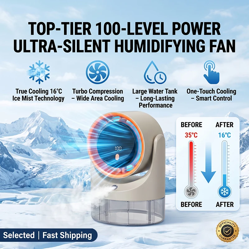 Water Mist Fan with Humidifier Function 360° Adjustable Desktop Fan with LED Display 100Speeds 16°C Ice Fog 1800mAh Battery Life