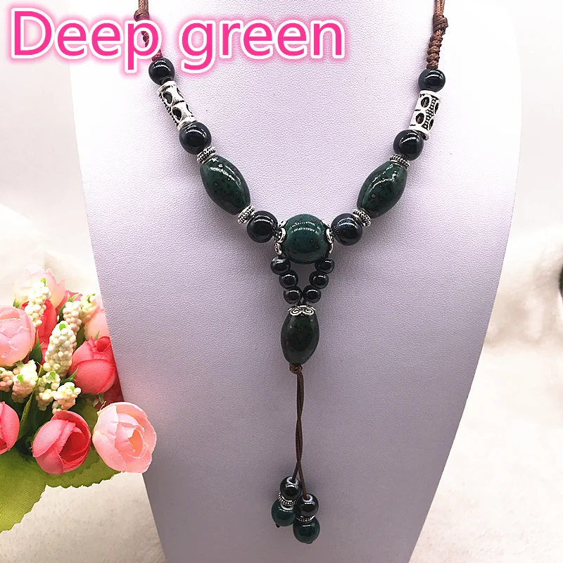 Fashion Ethnic Jewelry Traditional Handmade Ornaments Weave Wax Rope Ceramics Necklace Ceramics Beads Pendant Long Necklace #07