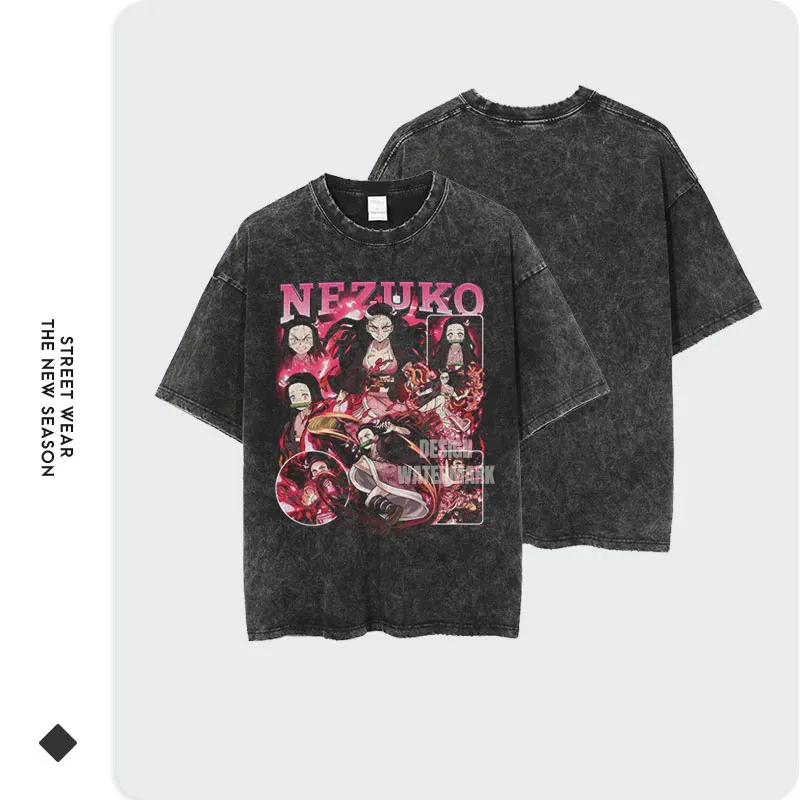 Nezuko T Shirts Vintage Washed Anime Kimetsu No Yaiba T-shirt Oversized Short Sleeve  Demon Slayer Mitsuri Tokitou Tops Tees Men