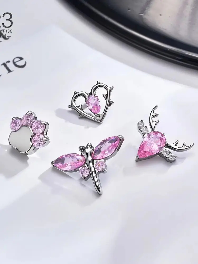 G23 Tytanowy Labret do wargi z wewnętrznym gwintem, różowy CZ, pająk, motyl, ważka, łapa kota, piercing do tragusu, helisy, chrząstki, biżuteria. — Zdjęcie 2 z 2