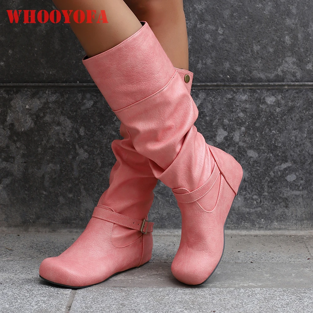 

2025 New Winter Sweet Pink Wine Red Women Knee High Casual Boots Wedges Heel Lady Cosplay Shoes Plus Big Size 12 43 46 50