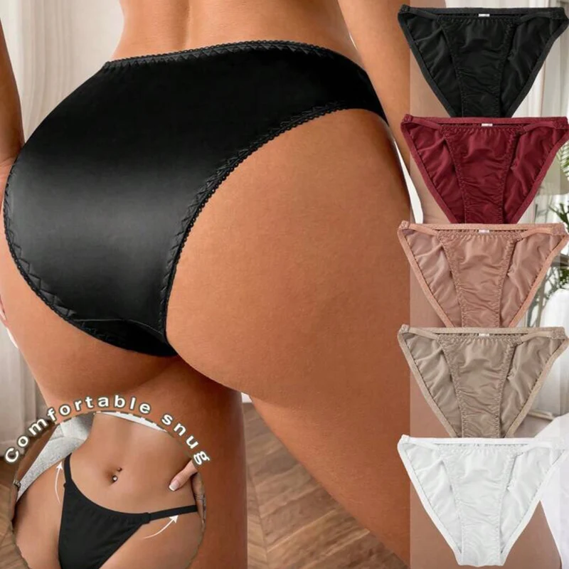 Women’s Silky Elegant Satin Trim Panties Sexy Low Waist Underwear Solid Color Soft Smooth Breathable Multiple Colors Briefs