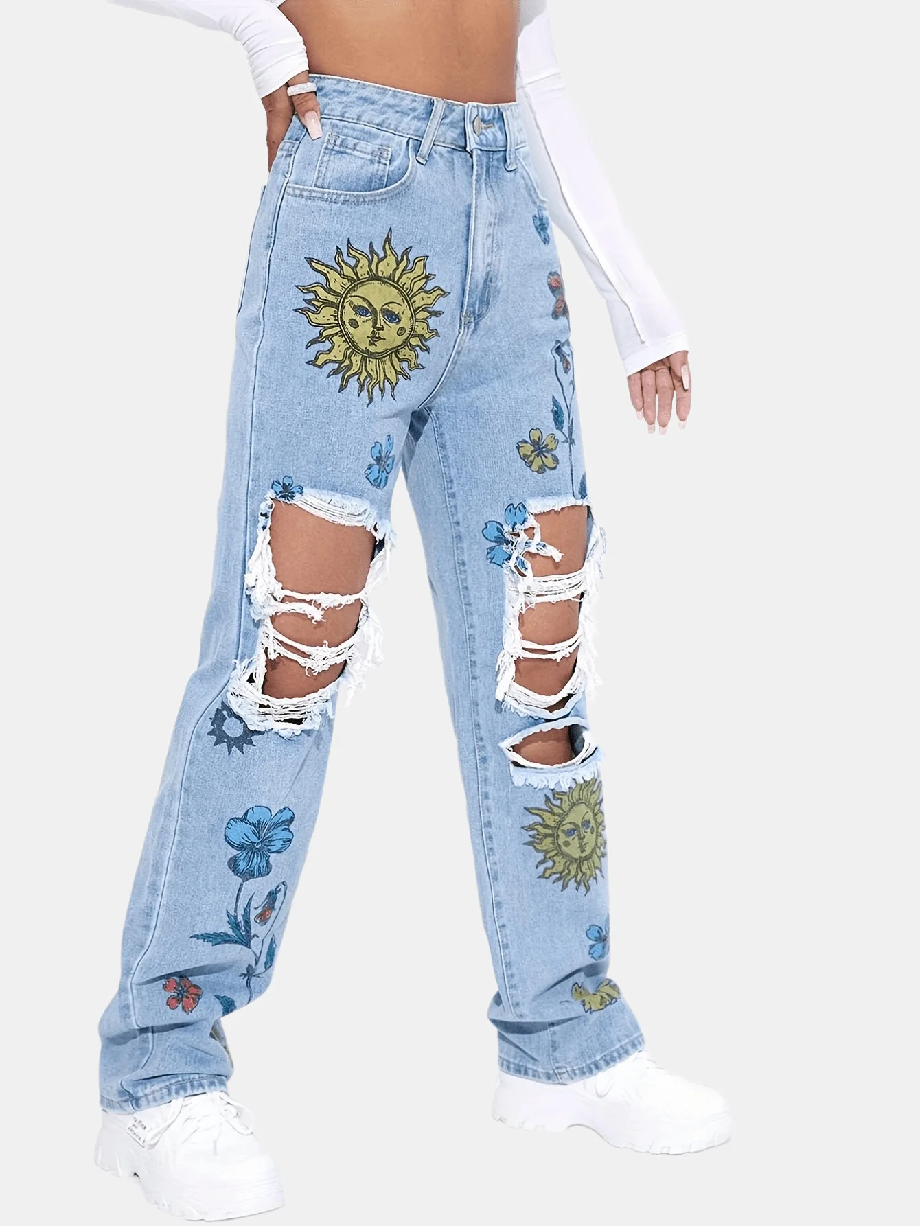 Europe and America Women Spring and Summer New Washed Ripped High-waisted Jeans, Women's Fashion Print Straight Leg Pants Jeans