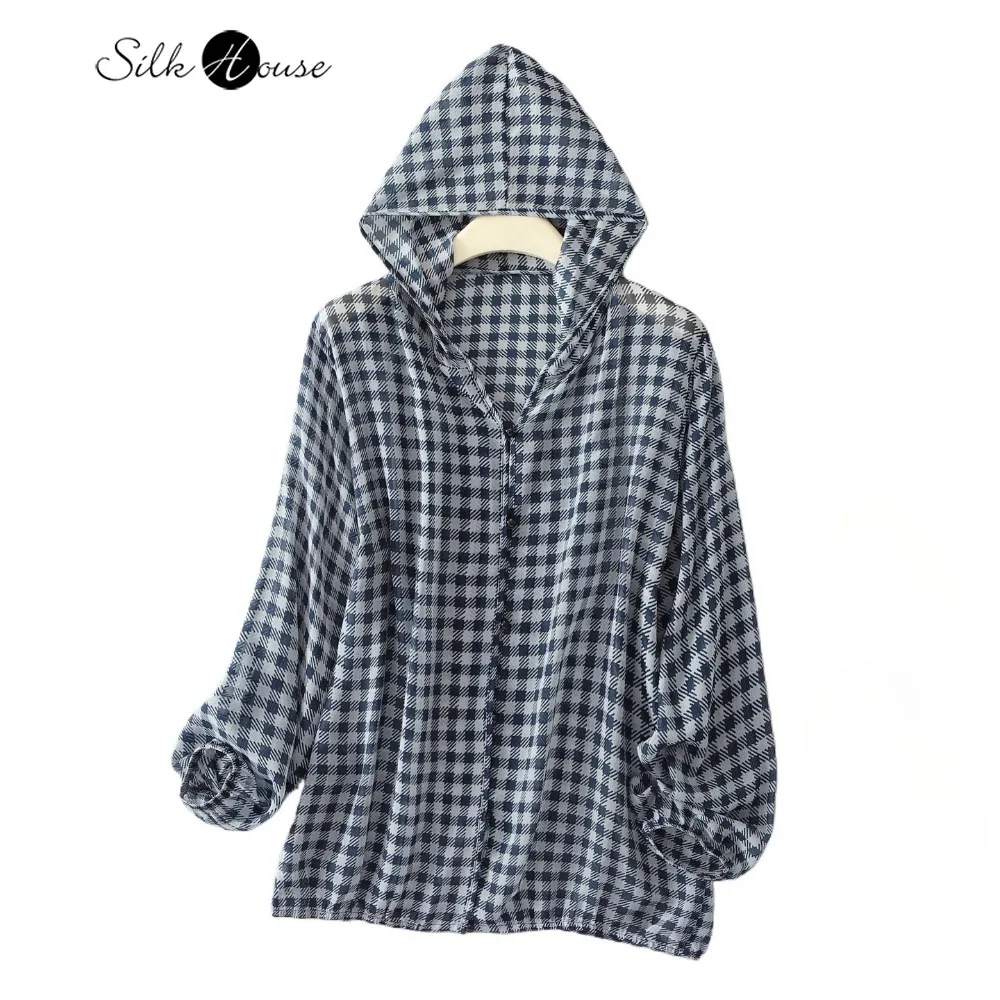 

2025 женская мода, новинка, 100% натуральный шелк шелковицы, Жоржет, клетчатый принт, свободный, с длинными рукавами, с капюшоном, универсальная защита от солнца