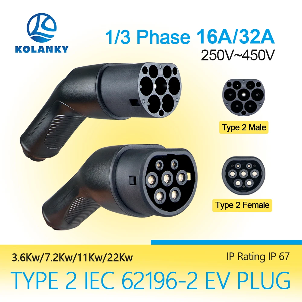 16/32A 3.6/7.2/11/22KW EV Charger Plug Adaptor Type 2 IEC 62169 Male/Female For Eletric Vehicle And Charging Station Connector