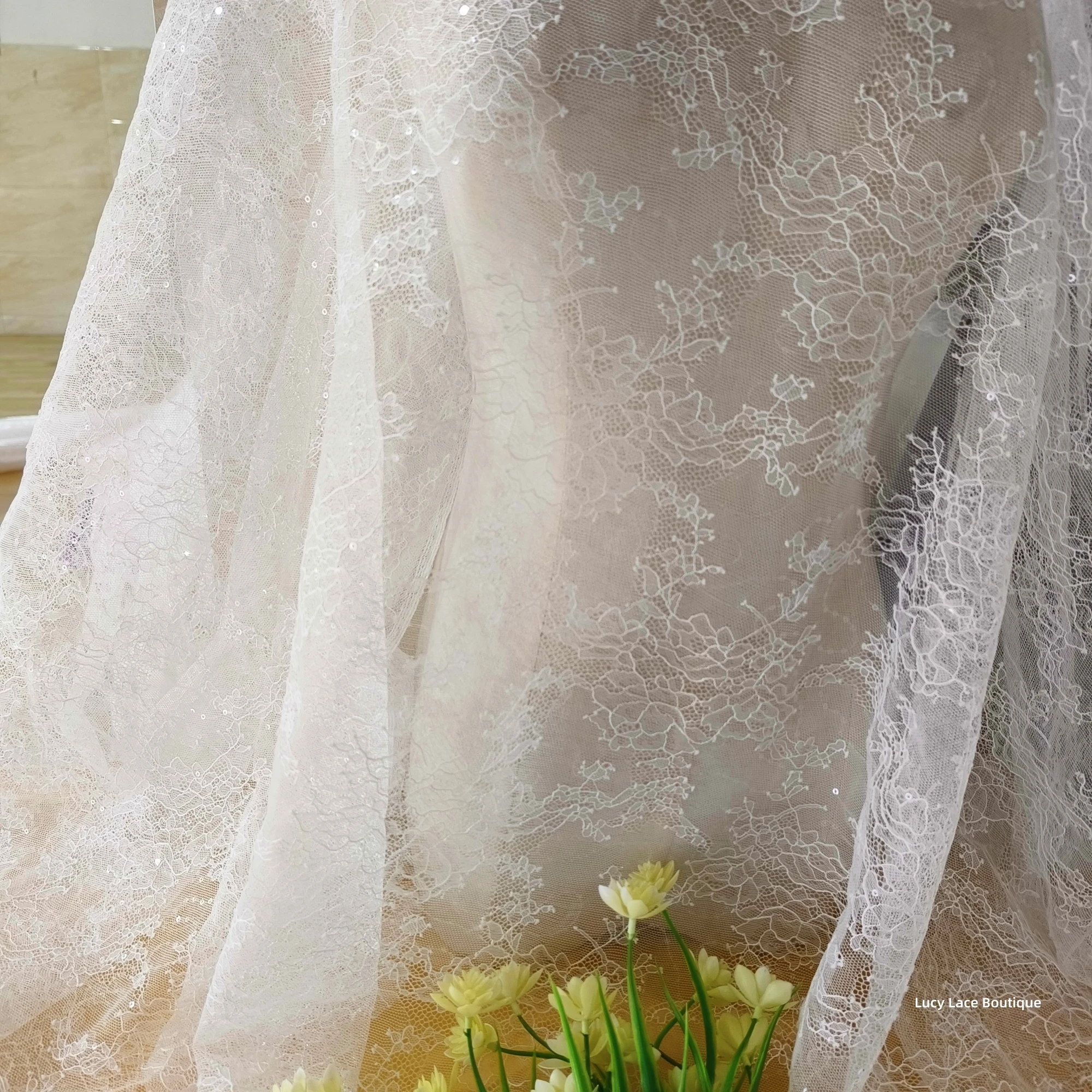 High Quality Off White Color Lace with Small Sequins Shiny Width(Height) 1.5 Meters 2023 NEW