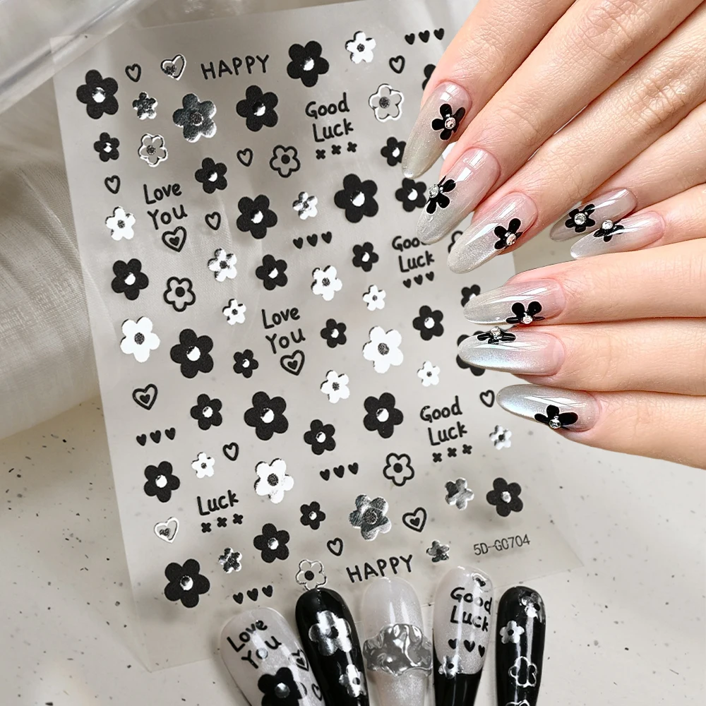 

5D Mirror Metallic Silver Black Blossoming Flowers Nail Stickers Simple Elegant Five-petaled Flower Adhesive Decal Nail Supplies