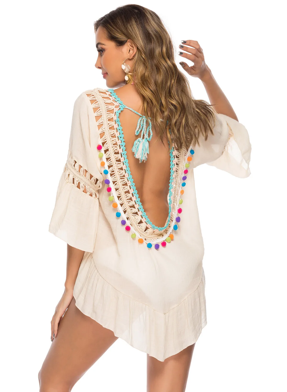 Nieuwe handhaak uitgeholde rugloze kleurrijke bal kwastje strand cover-up