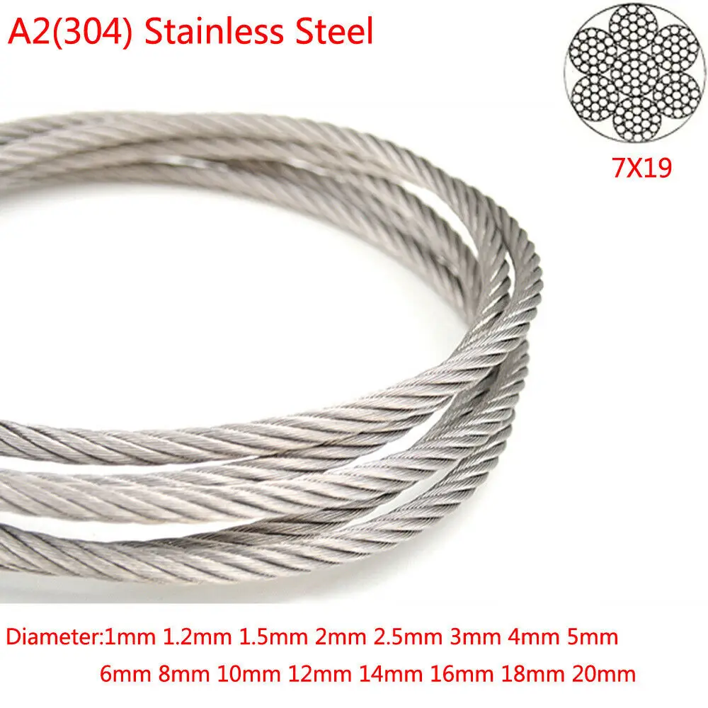 A2(304) Stainless Steel 7x19 Strand 1mm-20mm Core Wire Ropes Lifting Metal Cable