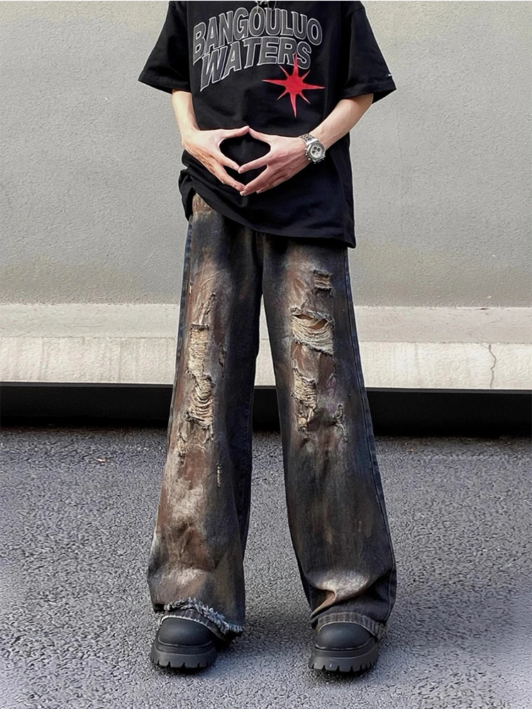

Мужские джинсы в стиле ретро, с эффектом выцветания, с дырками, в стиле Wasteland, модные, свободные, широкие, повседневные, длинные брюки для молодежи