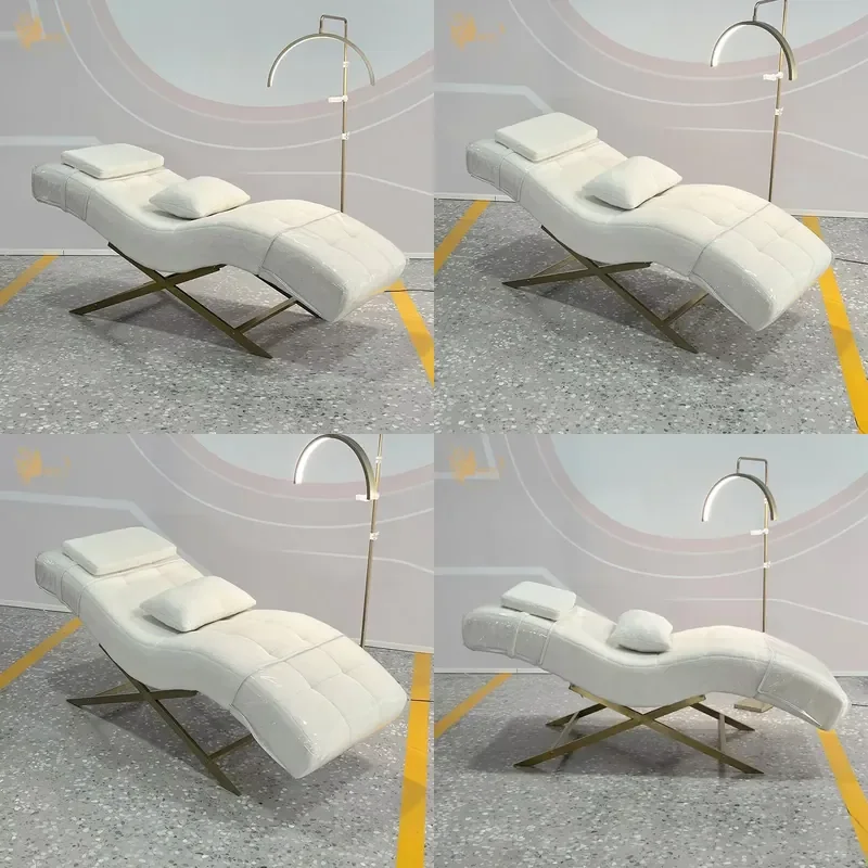 Ergonomic Curved Lash Bed Tufted Facial Chair Gold X Frame Massage Table for Esthetician Medical Spa Salon Furniture