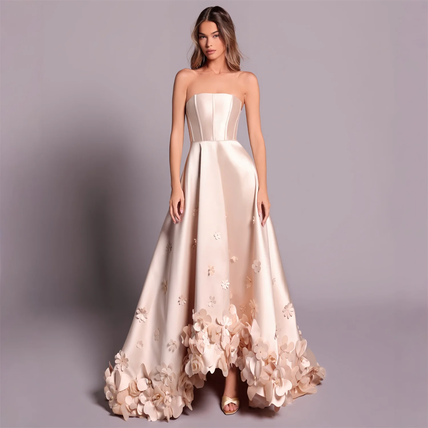 

EDECPBM Flowers Prom Dress Women Sexy American Style Champagne Satin Customized 2026 Women's Formal Evening Gowns New Collection